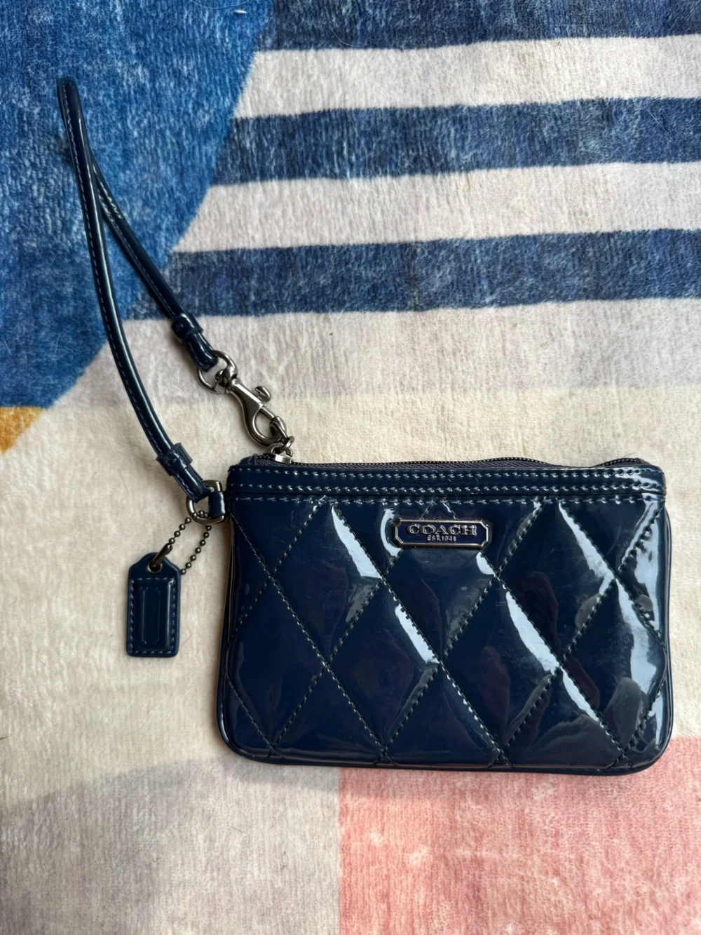 Coach Poppy Navy Quilted Patent Wristlet with Strap